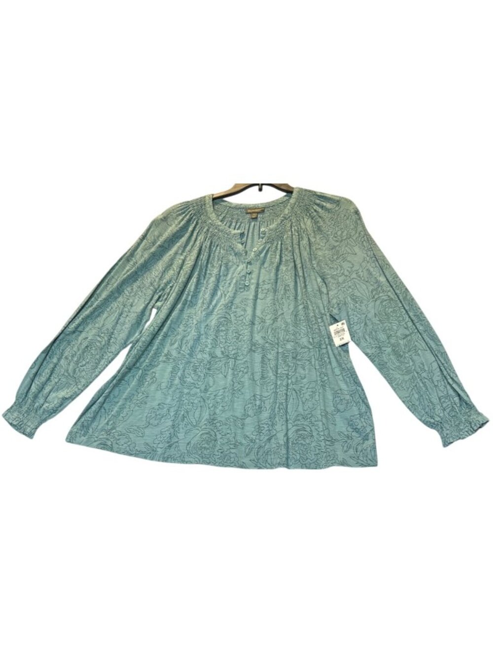 Style & Co Womens Size 2X Smock Knit Top Seafoam Floral Print Long Sleeve